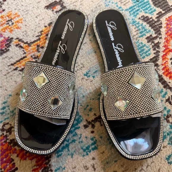 LAUREN LORRAINE “BIANCA” BLACK RHINESTONE SLIDES - Picture 1 of 6